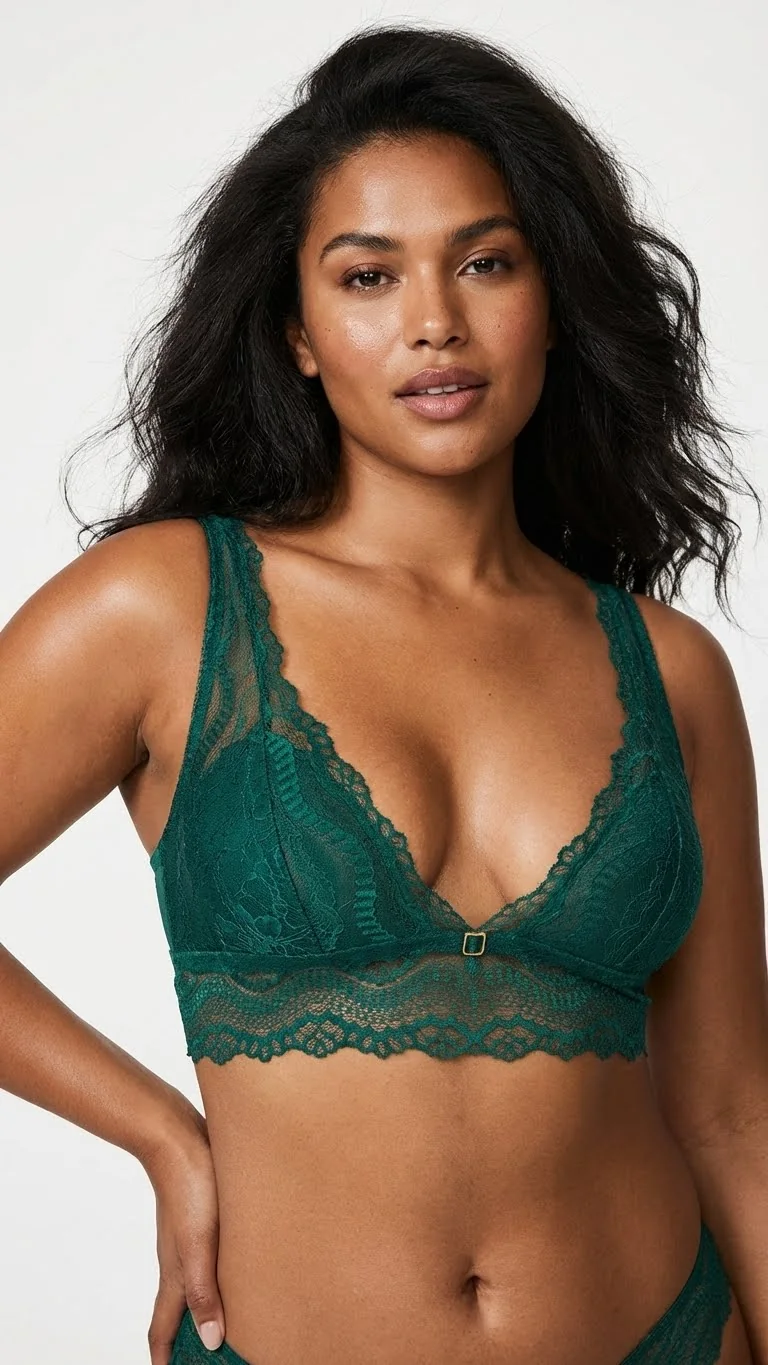 LunaIntim Zümrüt Yeşili Dantelli Bralet Sütyen Balensiz ve Desteksiz (Boş Kap) V Yaka Model - Bralet Sütyen Tasarım Detay